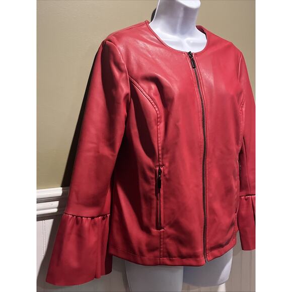 Alfani Women’s S Red Faux Leather Pleather Jacket Collarless Ruffle Sleeve - Picture 3 of 7